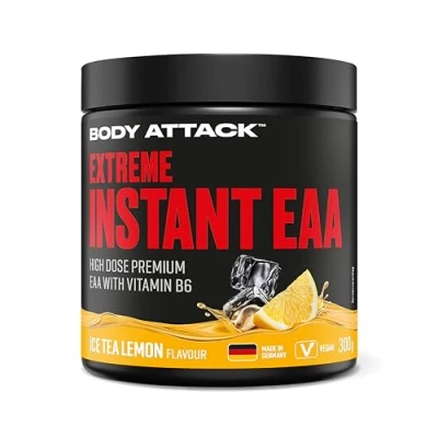 Abbildung von Body Attack Extreme Instant EAA Pulver Ice Tea Lemon, 300 g Vegan, Made in Germany 8 essentielle Aminosäuren für eine Protein reiche Ernährung &amp; intensives Training Ideale 2:1:1 Ratio