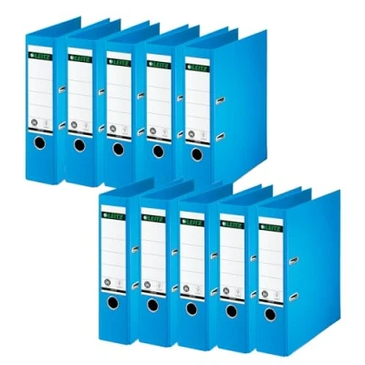Abbildung von Leitz Qualitäts Ordner 180, 10er Pack, A4, 8 cm Rückenbreite, Spezialpapierkaschierung in Leinenprägung, Blauer Engel, Hellblau, 10070030