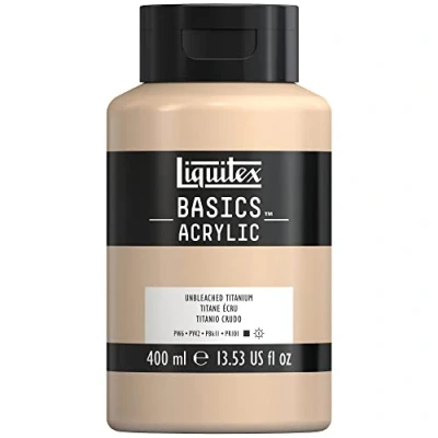 Abbildung von Liquitex 8870338 Basics Acrylfarbe, monopigmentierte Künstlerpigmente, lichtecht, mittlere Viskosität, Archivqualität, seidenglänzender Finish, 400ml Flasche Ungebleichtes Titan