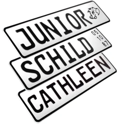 Abbildung von 1 Stück Kennzeichen Junior Schild 34cm x 9cm Bohrung Farbwahl Wunschtext Wunschprägung Muster Datum Namenskennzeichen / Saugnäpfen Namensschild Bobbycar Kettcar FUN in Weiß