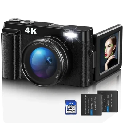 Abbildung von Digitalkamera,4K UHD Fotokamera Autofokus mit 32G Karte, 48MP Vlogging Kamera 180 Flip Bildschirm und UV Linse,Kompaktkamera für Teenager Anfänger Erwachsene Schwarz