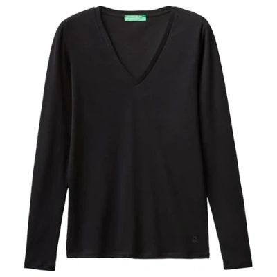 Abbildung von United Colors of Benetton WITH Vneck Langarmshirt, Damen, Größe: 32, Black
