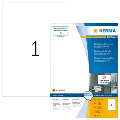Abbildung von HERMA 10315 Universal Etiketten ablösbar, 1400 Blatt, 210 x 297 mm, 1 pro A4 Bogen, Stück, selbstklebend, bedruckbar, matt, blanko Papier Klebeetiketten Aufkleber, weiß