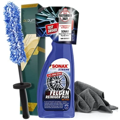 Abbildung von detailmate Felgenreinigungsset: SONAX Felgenreiniger Plus 750ml + Aurum ultraFlat Microfaser Felgenbürste Mikrofasertuch 320GSM