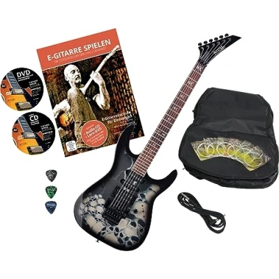 Abbildung von Rocktile Pro JK150F BSK E Gitarre Skull mit Zubehör (Gitarren Gigbag Tasche, Kabel, Plektren, Gitarren Schule CD&amp; DVD, Gitarrensaiten)