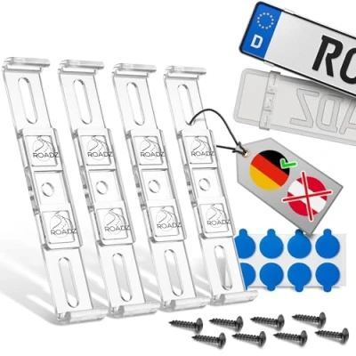 Abbildung von ROADZ® Kennzeichenhalter Rahmenlos [werbefrei &amp; legal] mit Klebesicherung für bombenfesten Halt Set 2 Kennzeichen unsichtbar Nummernschildhalter rahmenlose Auto