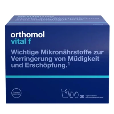 Abbildung von Orthomol Vital f für Frauen bei Müdigkeit mit B Vitaminen, Omega 3 Fettsäuren und Magnesium Orangen Geschmack Granulat/Tabletten/Kapseln, 30 St. Tagesportionen