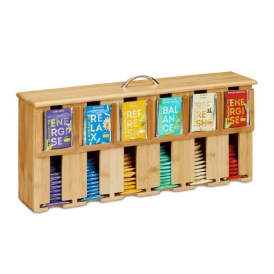 Abbildung von Relaxdays Teebeutelspender, 6 Fächer, Teebeutel Aufbewahrung, Bambus, Teebox, HxBxT: 22 x 46,5 10,5 cm, Natur/Silber