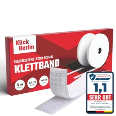 Abbildung von Klick Berlin Klettband Selbstklebend Schmal 1,6 cm x 8 m Klett Klebeband klebt auf vielen Flächen Klettverschluss 16 mm breit, Meter lang, weiß