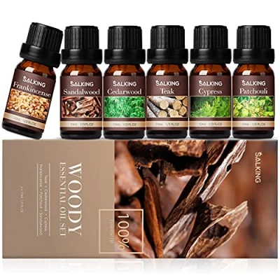 Abbildung von SALKING Holziger Ätherische Öle Set, Aromatherapie Duftöl GeschenkSet, 100% Pure Duftöle für Diffuser Luftbefeuchter, Massage, 6 x 10 ml(Frankincense, Cedarwood, Sandalwood, Teak, Cypress, Patchouli)