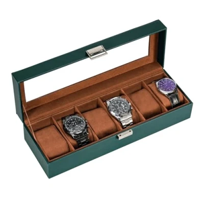 Abbildung von ProCase Uhrenbox mit 6 Fächern, Uhrenkasten Glasdeckel, Uhrenkoffer Uhrenkissen, Uhrenaufbewahrung, Premium Uhrenschatulle, PU Leder Uhrenkasten, Watch Box für Herren Fächer, Grün