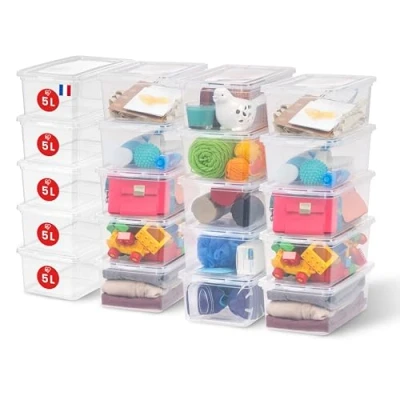 Abbildung von Iris Ohyama Vielseitige Aufbewahrungsboxen, 5L, 20er Set, Transparent, Deckel leicht schließbar, Stapelbar, Für Schrank, Regale, Klassenzimmer, Organisation, Spielzeug, Kunstbedarf, Schuhe, CNL 5