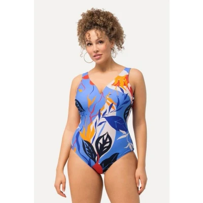 Abbildung von Ulla Popken Colorful LEAF Print Badeanzug, Damen, Größe: 56, Steel blue