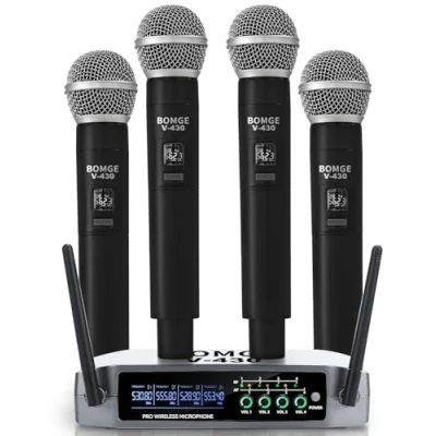 Abbildung von BOMGE V430 Kabelloses Mikrofonsystem, 4 Kanäle, kabellos, mit vier Handmikrofonen, Festfrequenz, lange Reichweite, 61 m, ideal für Kirche, Karaoke, Veranstaltungen