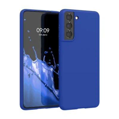 Abbildung von kwmobile Hülle kompatibel mit Samsung Galaxy S21 weiches TPU Silikon Case Cover geeignet für kabelloses Laden Baltik Blau