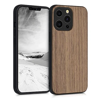Abbildung von kwmobile Hülle kompatibel mit Apple iPhone 13 Pro Holz Case stoßfestes Handy Cover TPU Handyhülle in Dunkelbraun