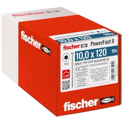 Abbildung von fischer PowerFast II CTP 10,0 x 120, kraftvolle Holzbauschraube mit Senkkopf, Innenstern Aufnahme und Teilgewinde, für den konstruktiven Holzbau, 50 Stk.