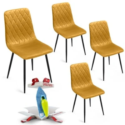 Abbildung von Esszimmerstühle 4er Set Hellgelb Samt Metallbein Wohnzimmersessel Sessel Stuhl Edelstahl Küchenstuhl Schwarze Metallbeine Polyester