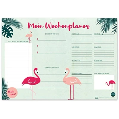 Abbildung von TYSK Design Schreibtischunterlage Flamingo grün 2er Pack (Design wählbar) Tischunterlage aus Papier zum Abreißen DIN A3 To Do Liste Notizblock Wochenplaner