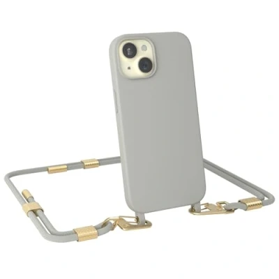 Abbildung von EAZY CASE Handykette mit Karabiner kompatibel iPhone 15 Hülle Silikon Fallschutz Handyhülle für Kette zum Umhängen stoßfeste Schutzhülle Mikrofaser in Taupe Clips Gold