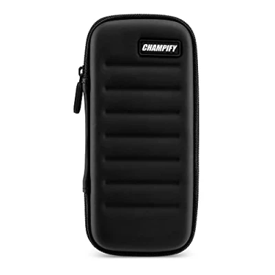 Abbildung von Champify® Darttasche mit Haltesystem gegen Verrutschen der Dartpfeile Hard Case zum Schutz für 3 Steeldarts/Softdarts &amp; vielen Taschen Dart Flights weiteres Darts Zubehör