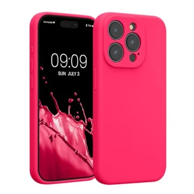 Abbildung von kwmobile Handyhülle kompatibel mit Apple iPhone 15 Pro Hülle gummierte Handy Case aus Silikon in Neon Pink
