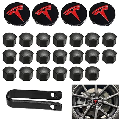 Abbildung von Aero Radkappen Set, Radmutterabdeckungen, Modell 3, Kit mit Tesla Logo, Nabenkappen, Abdeckkappen für Model 3 Y (rot)