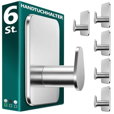 Abbildung von Menz Handtuchhalter ohne Bohren in Silber, 6 Stück Robuste Badezimmer Handtuchhalter, ovale Klebehaken, Haken fürs Bad, selbstklebend, ideal als funktionale Handtuchhaken