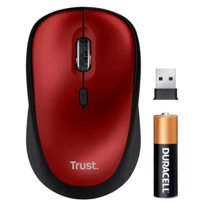 Abbildung von Trust Yvi+ Leise Funkmaus, Nachhaltiges Design, 800 1600 DPI, für Rechts und Linkshänder, Verstaubarer USB Mikroempfänger, Kompakte Maus Kabellos Laptop, PC, Desktop, Mac Rot