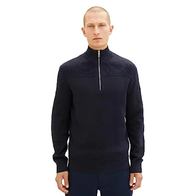 Abbildung von TOM Tailor MIT Troyer Kragen Strickpullover, Herren, Größe: Medium, Knitted navy melange