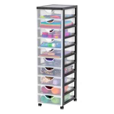 Abbildung von Iris Ohyama Kunststoff Schubladenbox mit Rollen, 10 flachen Schubladen, Schwarz, Griffe zum Ziehen, Für Schlafzimmer, Schule &amp; Büro, BPA frei, Schubladenschrank, Rollcontainer, A4 Drawer, DDDC 010