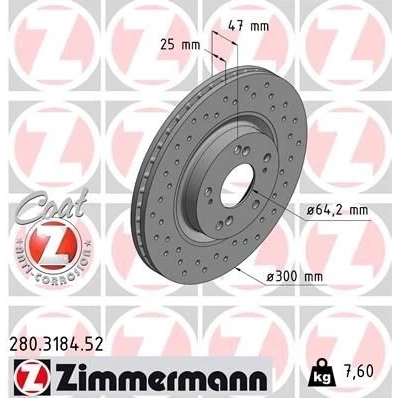 Abbildung von ZIMMERMANN 280.3184.52 Bremsscheibe 300 25 9/5 5 114 innenbelüftet, gelocht beschichtet HONDA: CIVIC 8 Hatchback, CR V 2, Stufenheck
