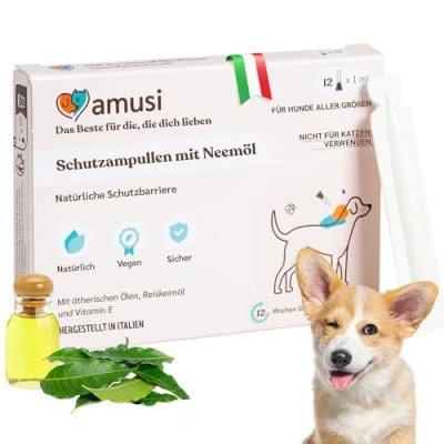 Abbildung von amusi Schutzampullen mit Neemöl für Hunde 12 Ampullen zu je 1 ml Gegen Zecken, Flöhe, Mücken, Läuse Lang Anhaltender und Natürlicher Schutz Schild Effekt