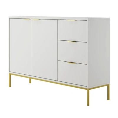 Abbildung von Home Collective Kommode mit 3 Schubladen und 2 Schränken, modernes Sideboard, Stahlrahmen Weiß Gold