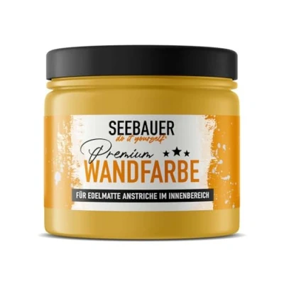 Abbildung von SEEBAUER diy Wandfarbe Gelb 300ML für Innen (No. 444 Maple Leaf) Edelmatte senfgelbe Innenfarbe Gelbtöne sehr hohe Deckkraft Matt, Abwaschbar und Tropffrei