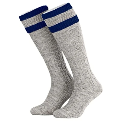 Abbildung von Piarini 43 44 1 Paar Herren Trachtenstrümpfe Trachtensocken Zopfmuster Trachtenstutzen Umschlag Wolle lang Nuss Royal Blau