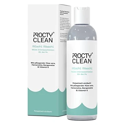 Abbildung von ProctyClean Wischi Waschi Milde Intimwaschlotion für den Po. Sanfte Waschlotion ph neutral mit Aloe vera, Vitamin E &amp; Hamamelis. Bei Hämorrhoiden Analfissur
