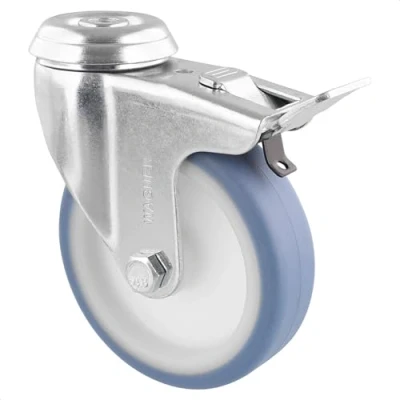 Abbildung von WAGNER Soft Lenkrolle mit Rückenloch Durchmesser Ø 100 mm, Bauhöhe 125 Stahl verzinkt, blau/weiß, Bremse, Tragkraft 75 kg 23370001