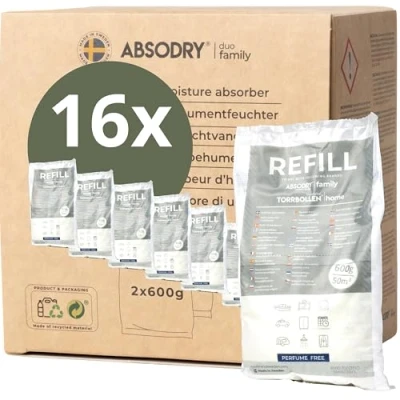 Abbildung von AbsoDry Duo Family Luftentfeuchter Nachfüllpack 16x600g kompatibel Verhindert Geruch &amp; bindet Feuchtigkeit Trockenmittelbeutel mit Granulat für Raumentfeuchter Entfeuchter