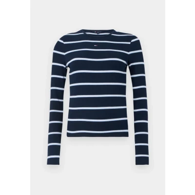 Abbildung von Tommy Jeans Damen Langarmshirt Slim Fit Essential aus Baumwolle, Mehrfarbig (Dark Night Navy/Stripe), XS