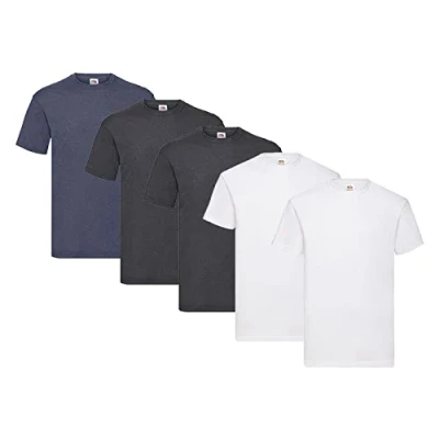 Abbildung von Fruit of the Loom 5er Pack T Shirts, 2X Weiss + Dark Heather 1x Vintage Navy 1 HL Kauf Notizblock, Größe L