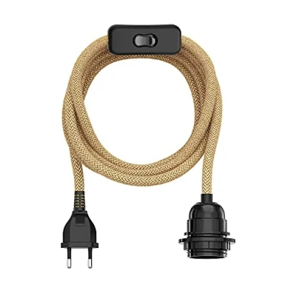 Abbildung von ledscom.de Hanf Kabel/Textilkabel LEKA, Stecker, Schalter, beige, 3 m, Lampen Fassung, 1x E27 max. 60W, Kabel, Lampenfassung, Lampenkabel, E27, Haengelampe, Textil, Fassungen