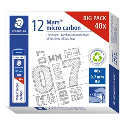 Abbildung von STAEDTLER Feinminen Mars micro carbon, Linienbreite 0,7 mm, Härtegrad HB, hohe Bruchfestigkeit durch elastische Mine, für viele Druckbleistifte, 12 Minendosen mit je 40 Minen, 255 07 HB