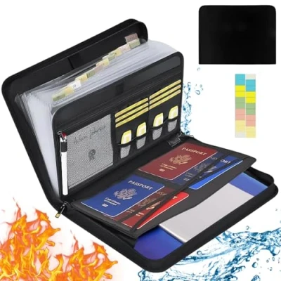 Abbildung von Dokumentenmappe a4, Feuerfeste dokumentenbox, Wasserfeste Dokumententasche mit 13 Fächern und mehreren für Büro, Hause, Schule, Reißverschluss Dokumente Wertsachen