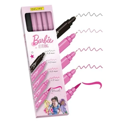 Abbildung von Online Barbie Handlettering Set 4x Stifte in Pink &amp; 1x Schwarz mit Brush Pen Kalligrafie Spitzen Ideal für Schule, kreative Mädchen, Handlettering, Bullet Journal, DIY Geschenkideen