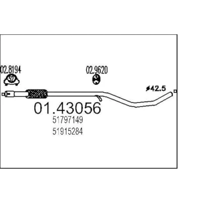 Abbildung von MTS 01.43056 Abgasrohr 2150 vorne für Mittelschalldämpfer FIAT: Panda II Schrägheck, 500 C Cabrio, FORD: KA Schrägheck