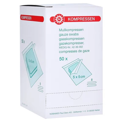 Abbildung von Mullkompressen 5x5 cm steril 8fach 50X2 St