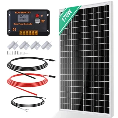 Abbildung von ECO WORTHY Monokristallines Solarpanel Solarzelle kit 170W enthält 12V Solarmodul + 30 A Solarladeregler 5m Solarkabel Z Befestigungsklammern für Wohnmobil,Wohnwagen,Haushalt und Off Grid System