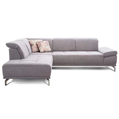 Abbildung von Cavadore Ecksofa Carly mit Federkern, Sitztiefe und Kopfstütze verstellbar im Design, 273 x 81 234, Webstoff hellgrau