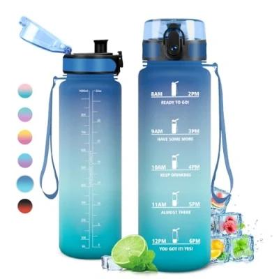 Abbildung von Trinkflasche 1L, Sport, Sportflasche Auslaufsicher, Kohlensäure Geeignet, mit Zeitmarkierungen, für Erwachsener, Gym, Scuola, Ciclismo, Outdoor